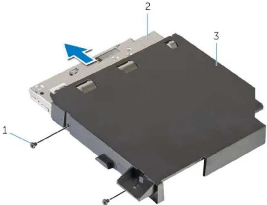 Diagram of a computer drive chassis with labeled components and an arrow indicating a specific part.
