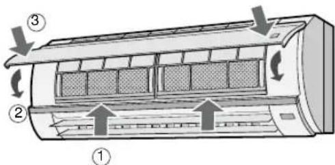 Diagram of a car air conditioner unit with numbered parts and airflow arrows indicating airflow direction