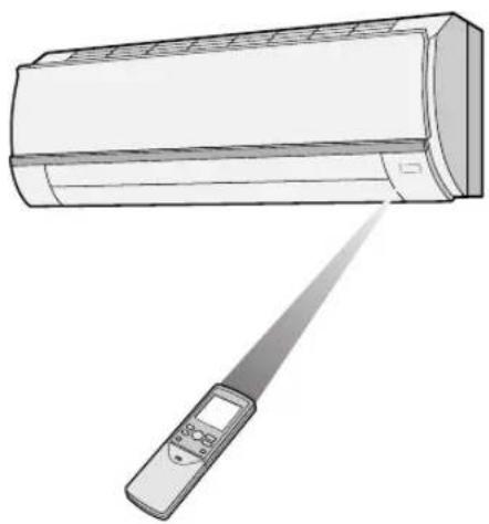 Line drawing of a wall-mounted air conditioner with a handheld remote control (no text or symbols)