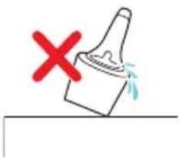 Diagram showing a bottle with a red 'X' symbol and a droplet, indicating a warning or rejection point.