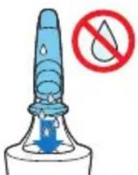 Safety warning illustration showing a blue spray bottle with liquid and a red prohibition symbol