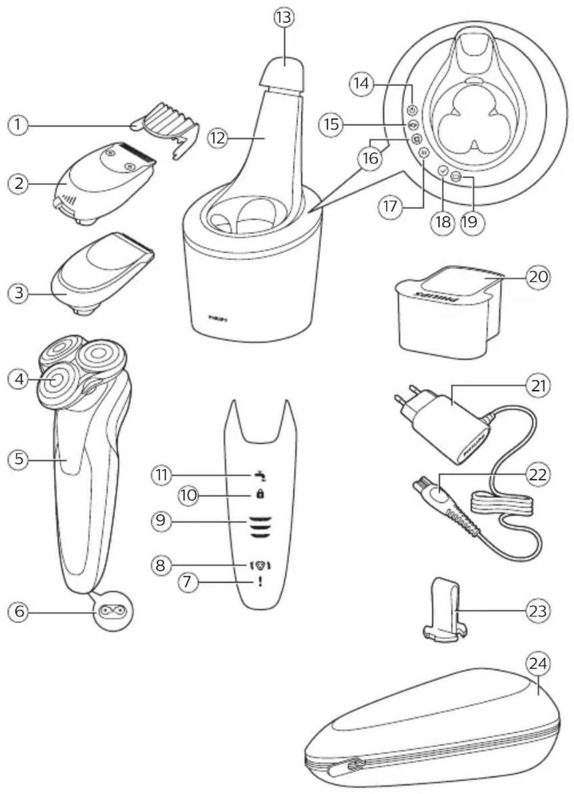 Technical diagram of a hair dryer with numbered parts for identification and assembly reference.