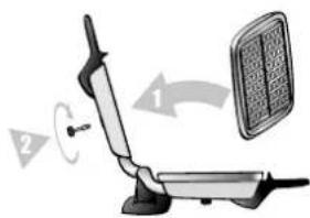 Diagram showing a chair-mounted device with labeled parts and directional arrows indicating rotation or movement.