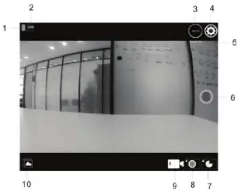 Camera navigation panel with numbered UI elements and a grayscale photo of a curved glass window in an indoor setting.