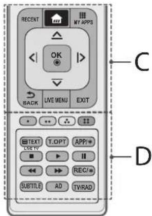 RECENT MY APPS OK BACK LIVE MENU EXIT TEXT CCTV T.OPT APP/ REC/ SUBTITLE AD TVRAD C D