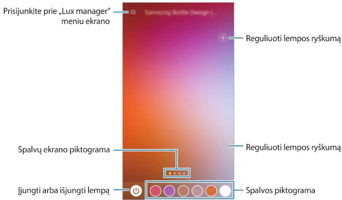 Prisijunkite prie „Lux manager“ meniu ekrano Reguliuoti lempos ryškumą Spalvų ekrano piktograma Reguliuoti lempos ryškumą Jungti arba išjungti lempą Spalvos piktograma