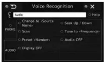 Voice Recognition Audio Change to Seek Up / Down Scan Tune to Preset Audio OFF Display OFF AUDIO