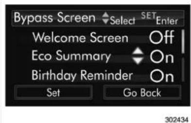Bypass Screen Select SET Enter Welcome Screen Off Eco Summary On Birthday Reminder On Set Go Back 302434