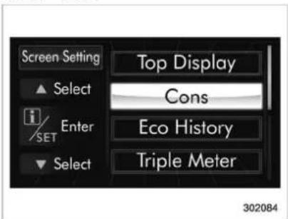 Screen Setting Top Display Cons Select i/SET Enter Eco History Select Triple Meter 302084