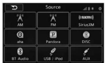 Source AM FM sXm SiriusXM aha P Pandora DISC BT Audio USB / iPod AUX