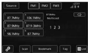 Source FM1 FM2 FM3 87.7MHz 4 106.1MHz 87.9MHz 5 87.9-3MHz 98.1MHz 6 87.7MHz 87.9MHz Multicast 1 2 3 Scan Bookmark Tag List