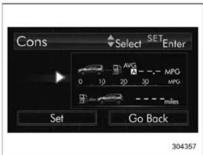 Cons Select SET Enter AVG 0 10 20 30 MPG miles Set Go Back 304357