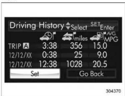 Driving History Select SET Enter TRIP A 3:38 356 15.0 12/12/XX 0:38 25 9.0 12/12/XX 12:38 1028 20.5 Set Go Back 304370