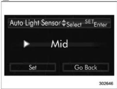 Auto Light Sensor Select SET Enter Mid Set Go Back 302646
