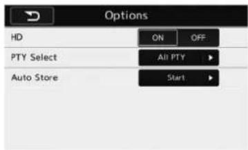 Options HD ON OFF PTY Select All PTY Auto Store Start