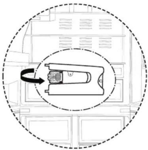 Diagram of a refrigerator interior with a circular arrow indicating rotation or movement, no text or symbols present.