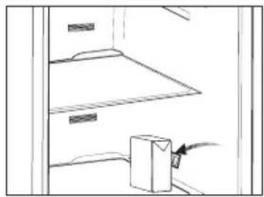 Simple line drawing of a cabinet or shelf with an arrow pointing to the cabinet (no text or symbols).