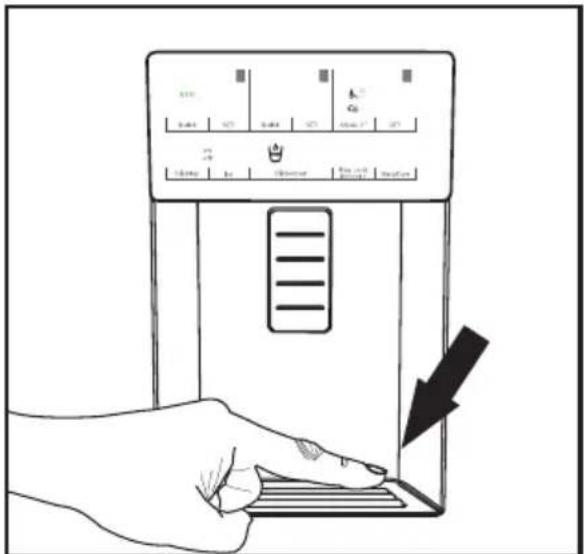 Diagram showing a hand pressing down on a refrigerator with a downward arrow indicating cooling effect.