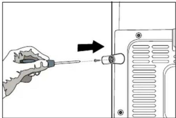 Illustration of a hand using a screwdriver to adjust a component on a device panel (no text or symbols visible).