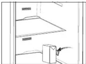 Simple line drawing of a cabinet shelf with a box and cable (no text or symbols)