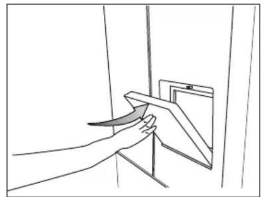 Line drawing of a hand holding a blade next to a wooden shelf (no text or symbols).