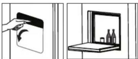 Two-panel illustration showing a hand holding a device and a mirror with bottles (no text or symbols).