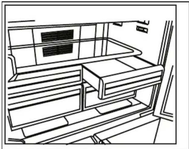 Line drawing of a refrigerator interior showing front and side views.