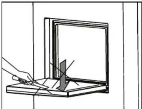 Line drawing of a hand using a pen to cut or mark a rectangular object on a flat surface, with no text or symbols present.