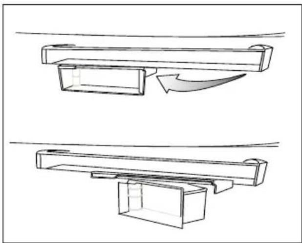 Technical line drawing of a mechanical assembly with two views (top and side), showing internal components and motion arrows (no text or symbols).