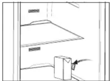Simple line drawing of a cabinet or shelf with a hanging box and cable.