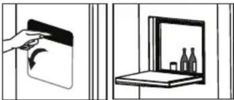 Illustration showing a hand placing a door panel with an arrow, and a wall-mounted shelf with bottles (no text or symbols)