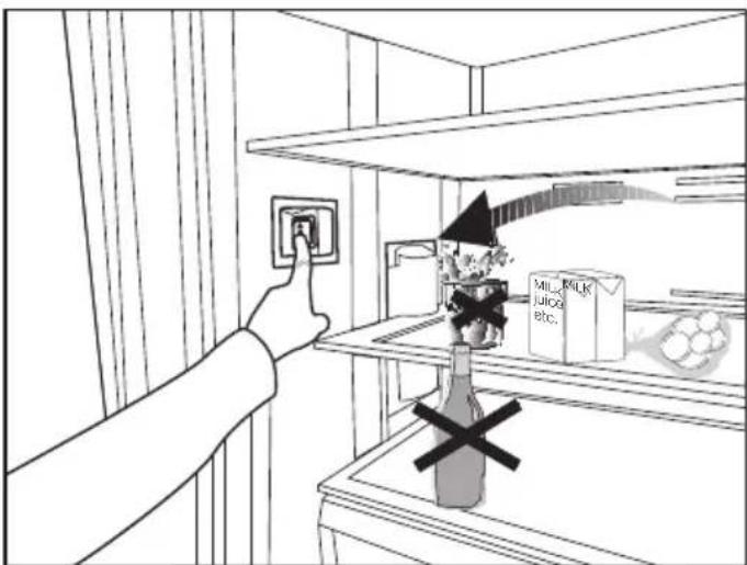 Cartoon illustration of a hand inserting a switch into a shelf with a milk carton and a cross symbol (no text or symbols on the main scene).