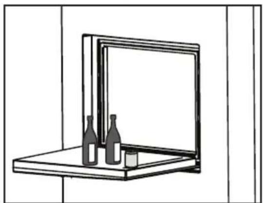 Line drawing of a wall-mounted monitor with two bottles and a glass on top (no text or symbols).