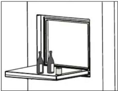 Simple line drawing of a shelf with bottles and a small container, no text or symbols present.