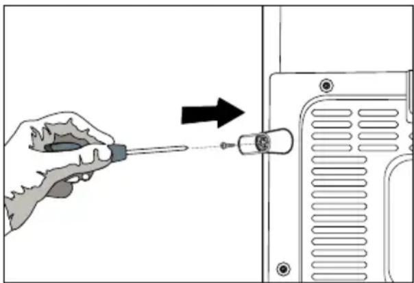Illustration of a hand using a screwdriver to adjust a component on a device (no text or symbols visible).