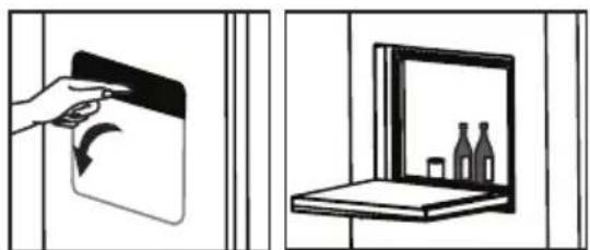 Two-panel illustration showing a hand holding a door panel and a wall-mounted shelf with bottles (no text or symbols).