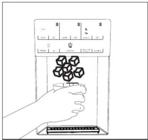Line drawing of a hand holding a cup with four cubes above, using an open air conditioner with control panel labels.