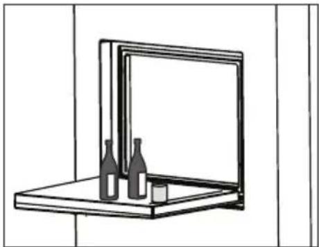 Simple line drawing of a wall-mounted monitor with bottles and a glass on top (no text or symbols).
