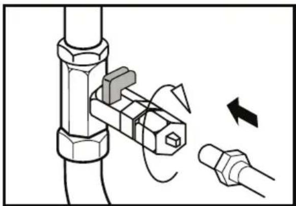 Diagram of a mechanical assembly with a bolt and connector, showing motion direction (no text or symbols).