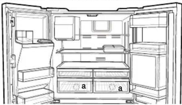 Line drawing of an open refrigerator with labeled compartments (no text or symbols beyond 'a').