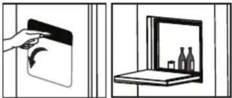 Two-panel illustration showing a hand holding a door panel and a mirror with bottles (no text or symbols).