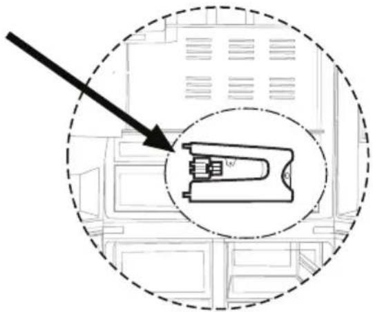 Diagram of a mechanical component inside a circular housing, with an arrow pointing to a specific part.