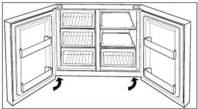 Line drawing of an open refrigerator with four panes and a side drawer, showing internal compartments and ventilation slots (no text or symbols)