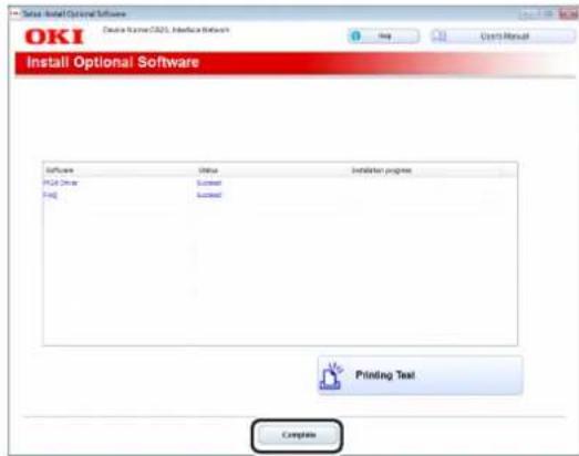 OKI Install Optional Software Device Name: OAS, Interface Network Import Options/Result Install Optional Software Software Status Installation progress HCA Drive Summer Temp Summer Printing Test Complete