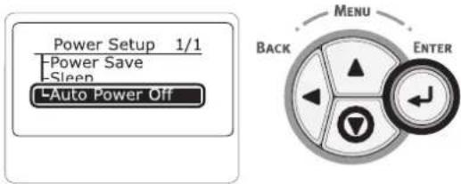 Power Setup 1/1 Power Save Sleep Auto Power Off BACK ENTER