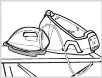 Line drawing of a steam iron on a wooden table (no text or symbols)