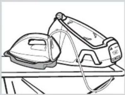Line drawing of a pair of steam irons on a table (no text or symbols).