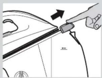 Diagram showing a hand inserting a plug into a car's side panel, with an arrow indicating the process (no text or symbols present)