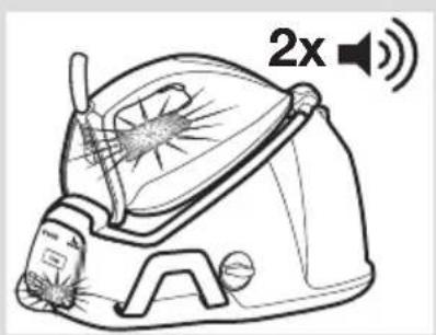 Line drawing of a steam iron with a 2x sound wave indicator (no text or symbols on the diagram itself)