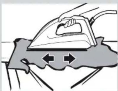 Illustration of a hand using an iron on a surface with directional arrows indicating motion (no text or symbols)